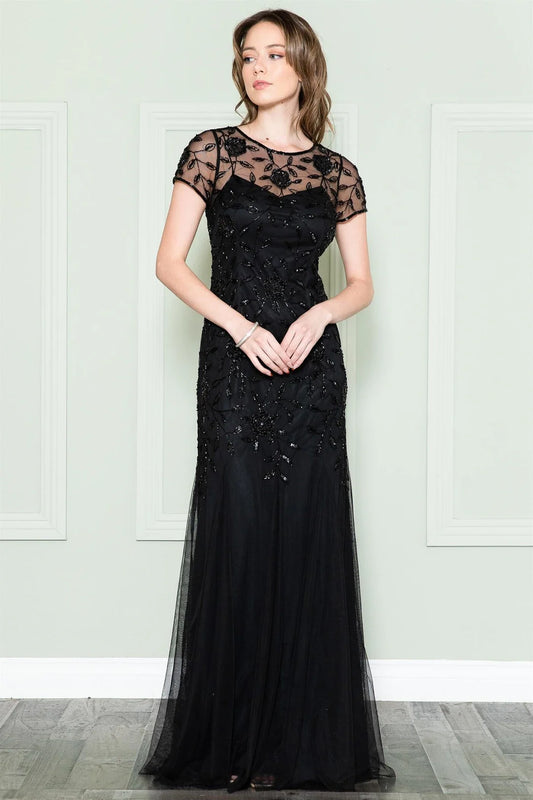 Round neck slim fit lace applique short sleeved dress for brides and mothers