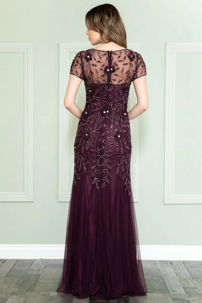 Round neck slim fit lace applique short sleeved dress for brides and mothers