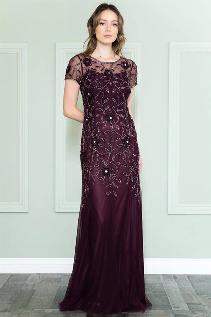 Round neck slim fit lace applique short sleeved dress for brides and mothers