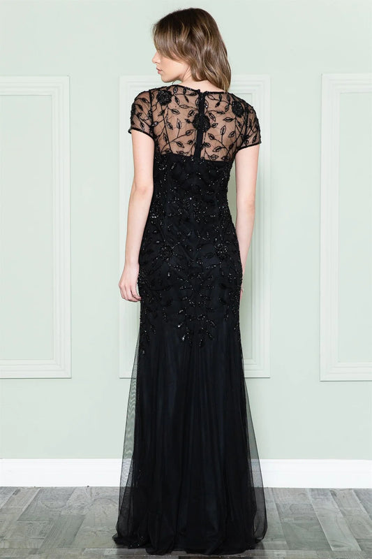 Round neck slim fit lace applique short sleeved dress for brides and mothers