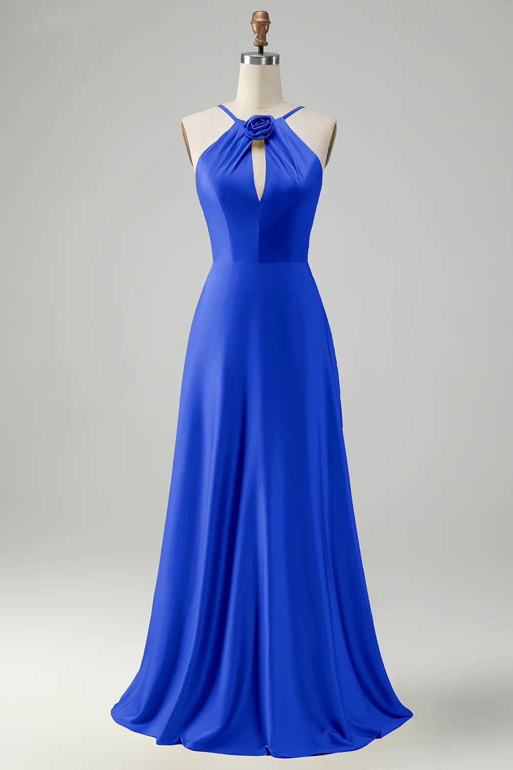 A-line hanging neck backless pleated long bridesmaid floral dress