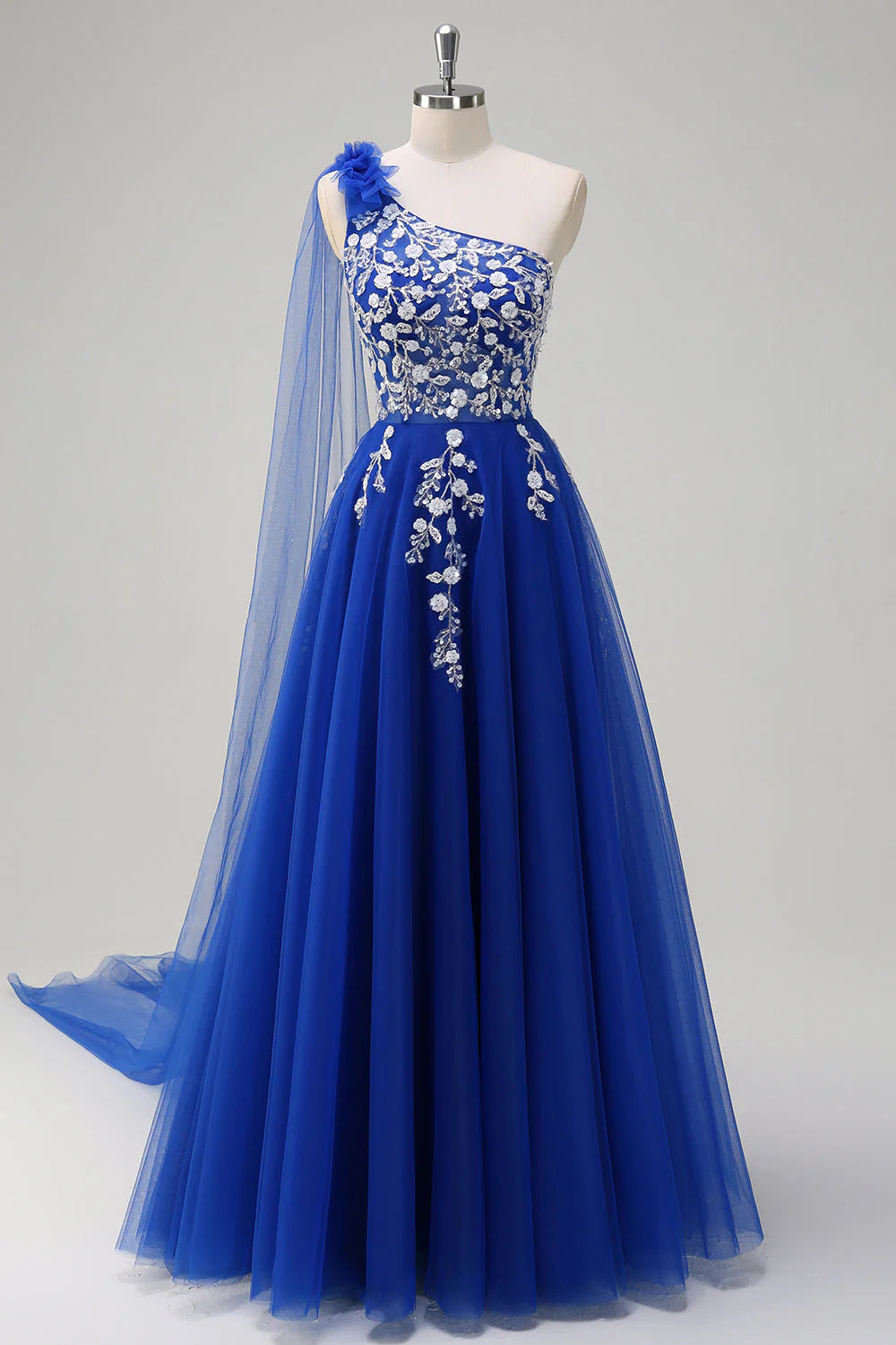 Royal Blue A-Line One Shoulder Streamer Appliqued Prom Dress with Lace Up Back