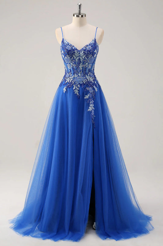 Royal Blue A-Line Spaghetti Straps Corset Tulle Prom Dress With Embroidery