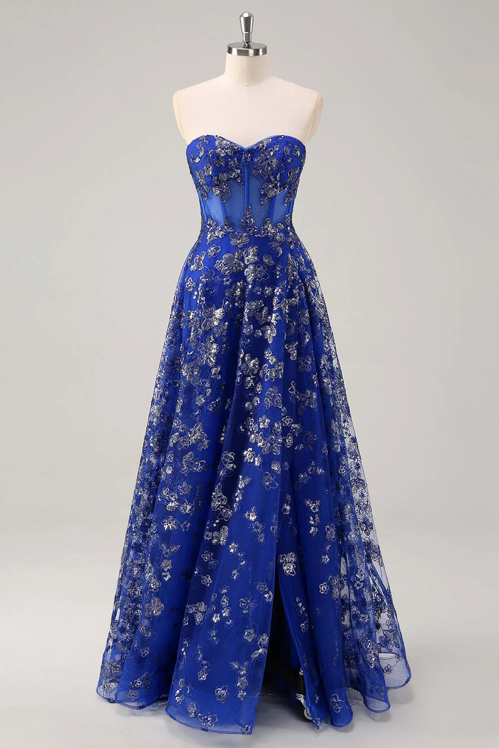 Royal Blue A-Line Strapless Appliques Corset Long Prom Dress with Slit