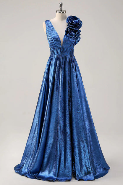 Royal Blue A-line Deep V-neck Metal Ball Dress with Flower Details on Shoulders