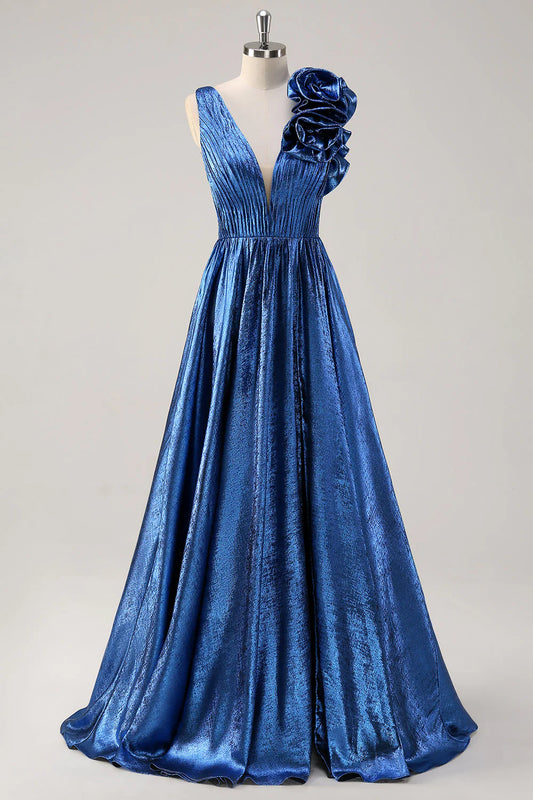 Royal Blue A-line Deep V-neck Metal Ball Dress with Flower Details on Shoulders