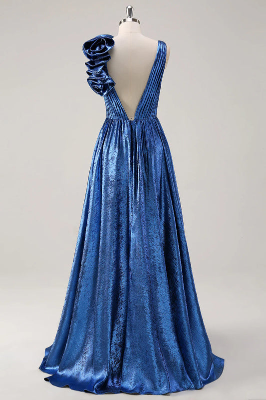 Royal Blue A-line Deep V-neck Metal Ball Dress with Flower Details on Shoulders