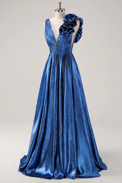 Royal Blue A-line Deep V-neck Metal Ball Dress with Flower Details on Shoulders