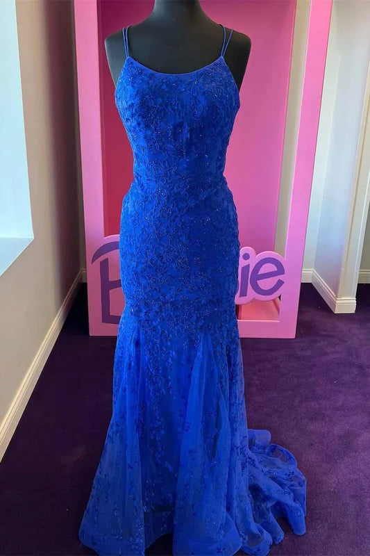 Royal Blue Floral Lace Mermaid Long Formal Dress
