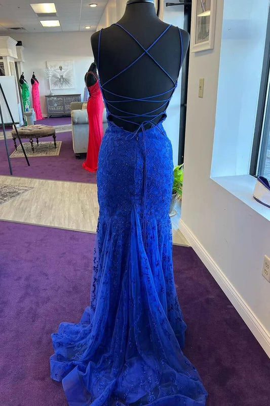 Royal Blue Floral Lace Mermaid Long Formal Dress
