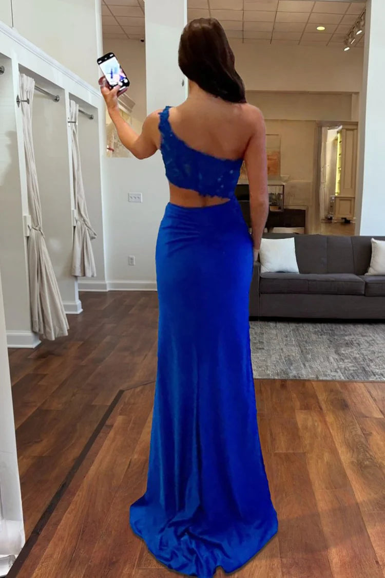 Royal Blue One-Shoulder Lace Cut Out Slit Evening Dresses