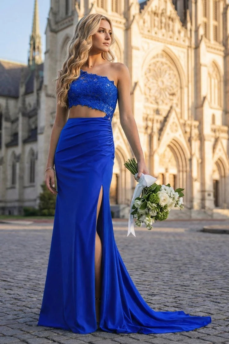 Royal Blue One-Shoulder Lace Cut Out Slit Evening Dresses