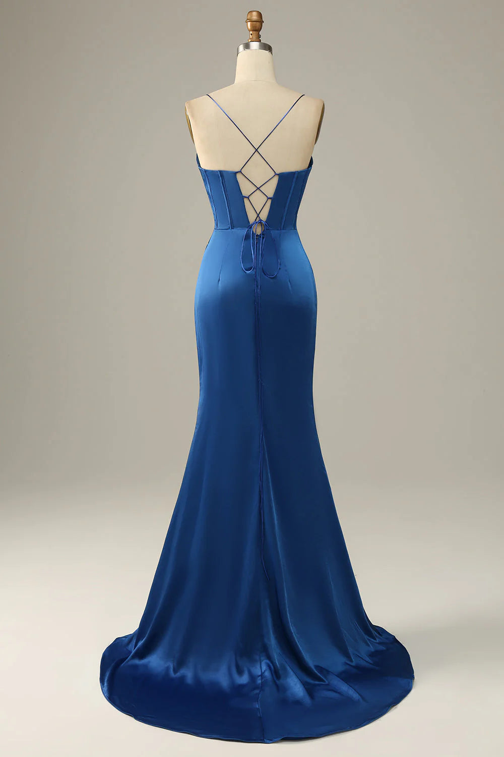 Royal Blue Satin Spaghetti Strap Corset Mermaid Evening Dresses
