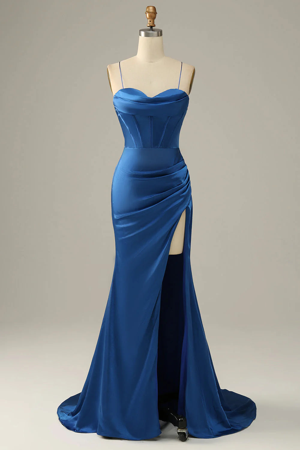 Royal Blue Satin Spaghetti Strap Corset Mermaid Evening Dresses