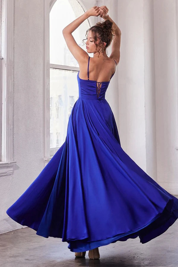 Royal Blue Satin Spaghetti Strap Lace-Up Back Slit Maxi Evening Dresses