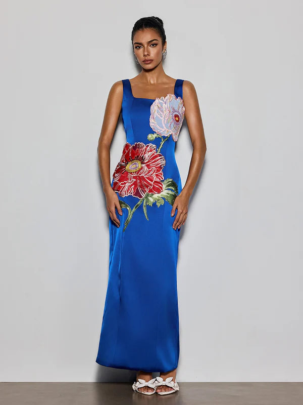 Royal Blue Satin Square Neck Floral Embroidered Evening Dresses