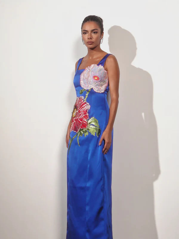 Royal Blue Satin Square Neck Floral Embroidered Evening Dresses