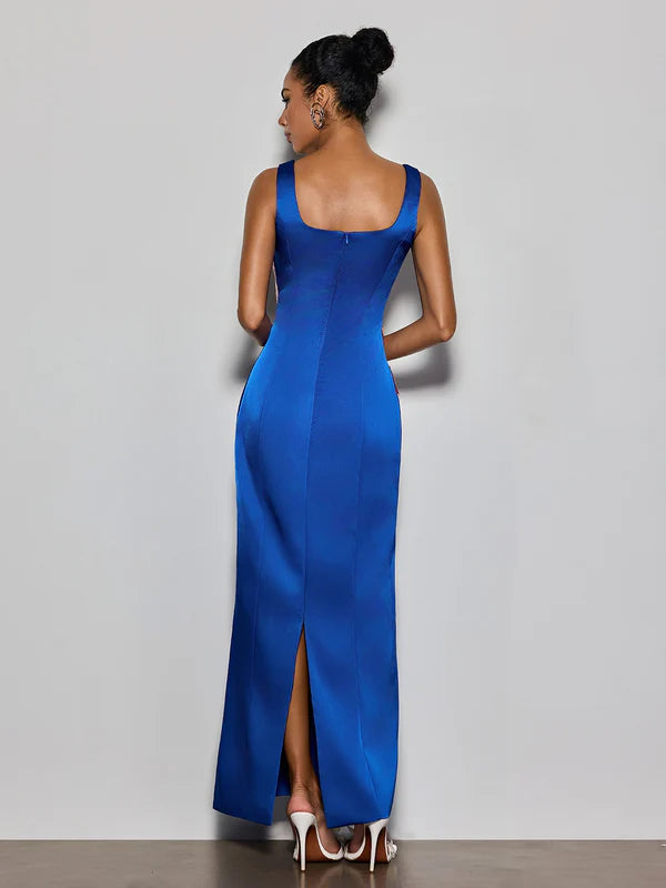 Royal Blue Satin Square Neck Floral Embroidered Evening Dresses