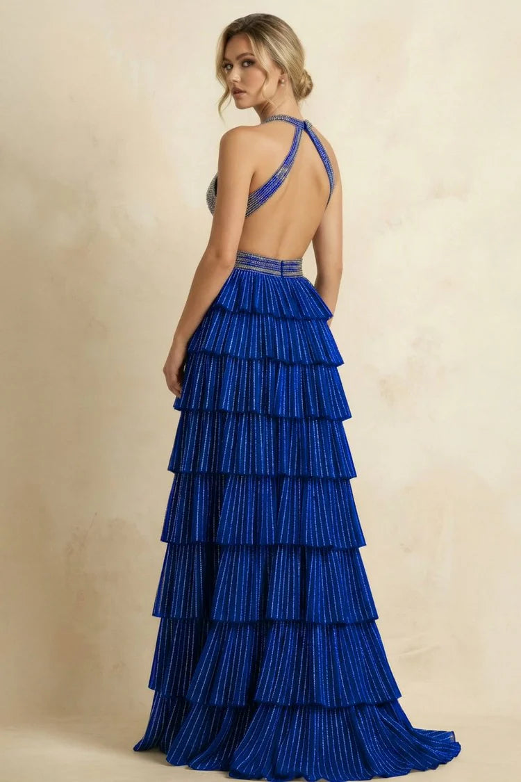 Royal Blue Sequin Halter Tiered Cutout Maxi Evening Dresses
