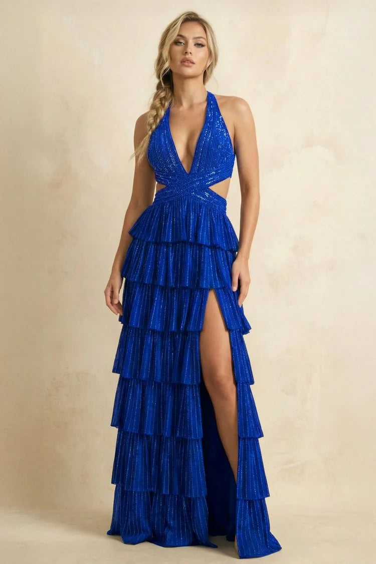 Royal Blue Sequin Halter Tiered Cutout Maxi Evening Dresses