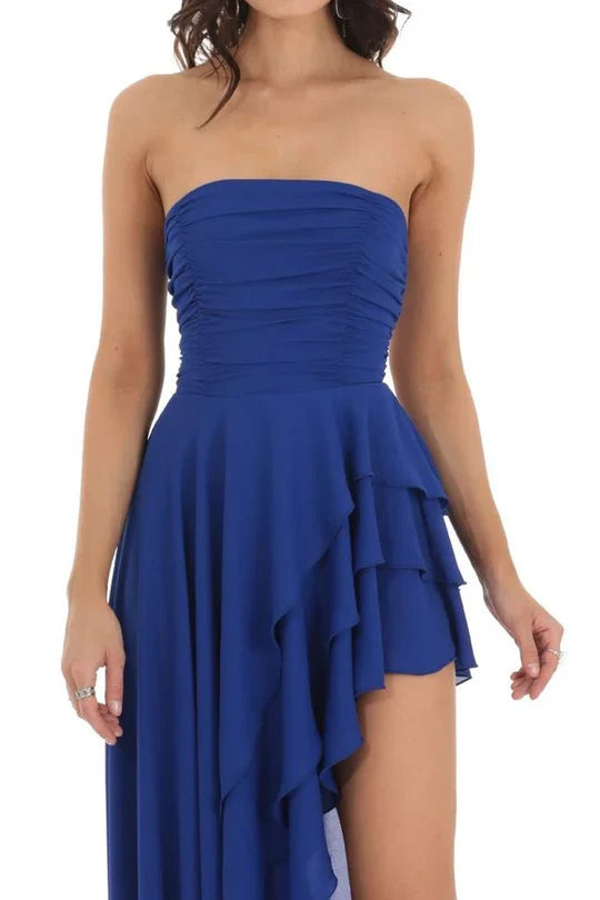 Royal Blue Strapless High-Low Prom Dress with Ruffle Details and Lace-Up Back