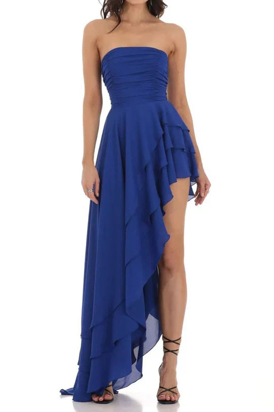 Royal Blue Strapless High-Low Prom Dress with Ruffle Details and Lace-Up Back