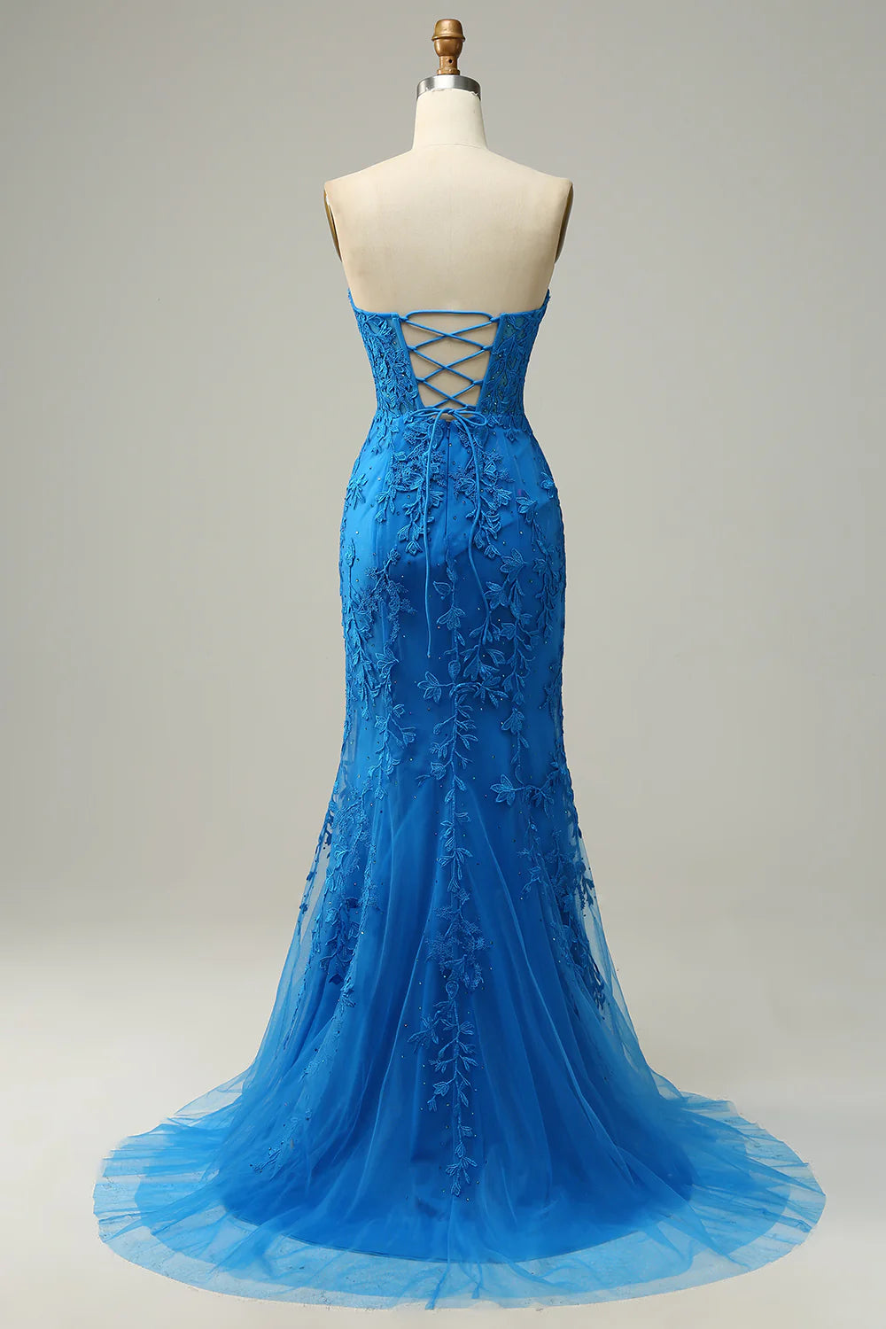 Royal Blue Strapless Lace Applique Lace-Up Back Tulle Mermaid Maxi Evening Dresses
