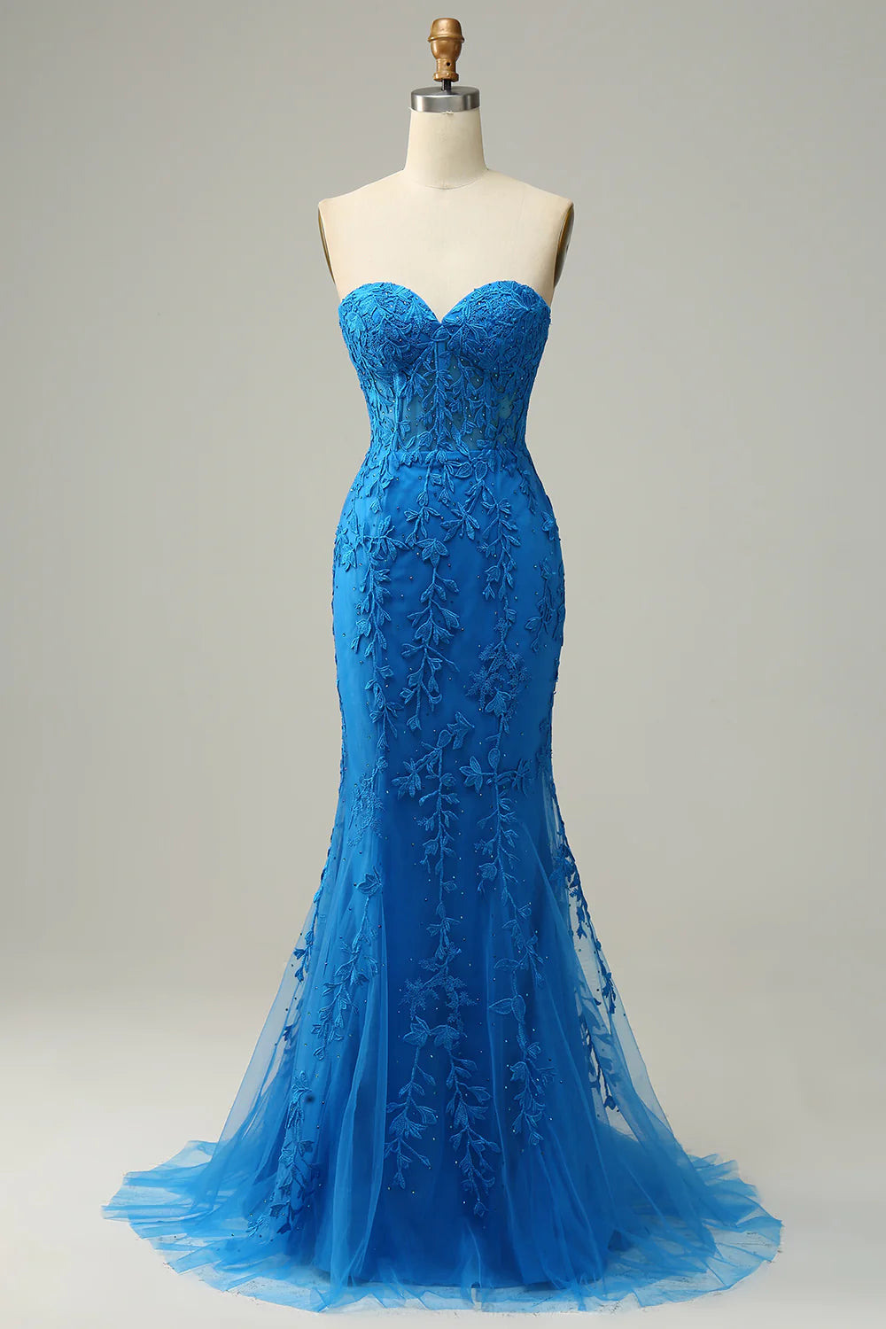 Royal Blue Strapless Lace Applique Lace-Up Back Tulle Mermaid Maxi Evening Dresses