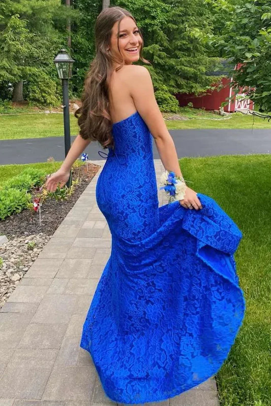 Royal Blue Strapless Mermaid Lace Long Prom Dress with Slit