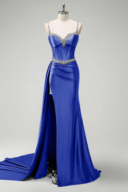 Mermaid fringe tight corset long ball dress with slit