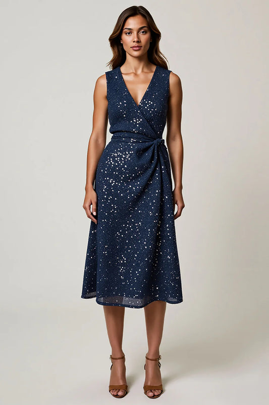 Ruched Navy Sparkly V Neck A Line Tea Length Mother Dress