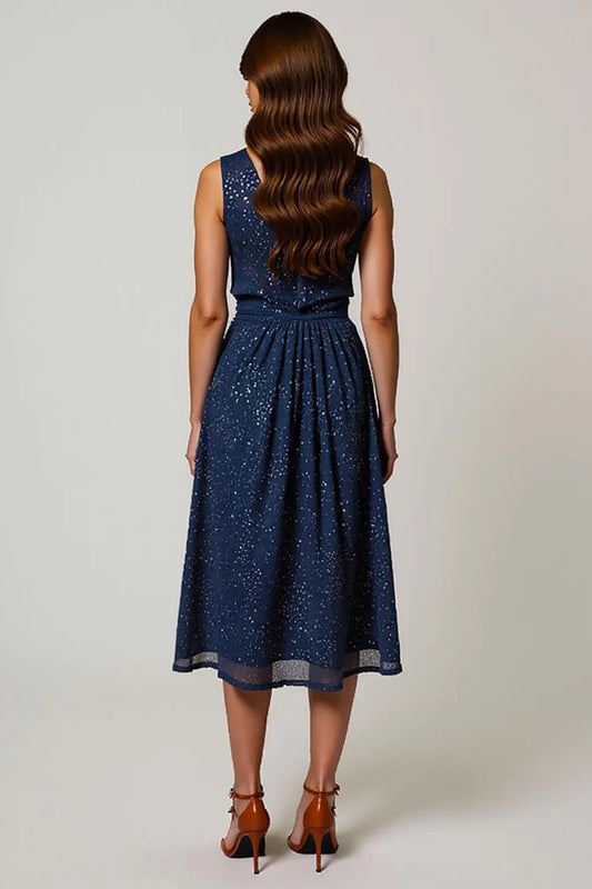 Ruched Navy Sparkly V Neck A Line Tea Length Mother Dress