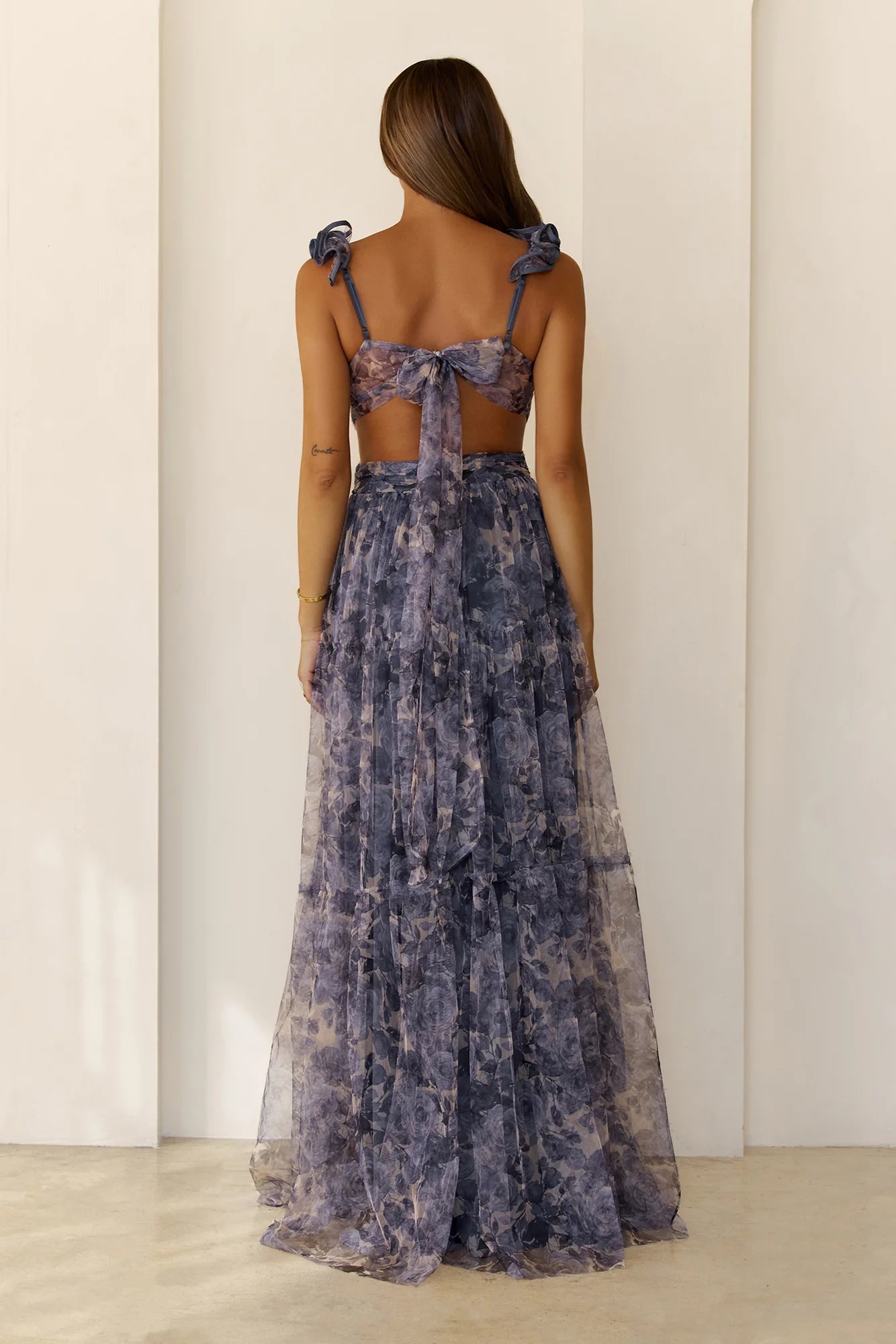 Ruffled Strap Floral Print Cutout Tulle Maxi Evening Dress