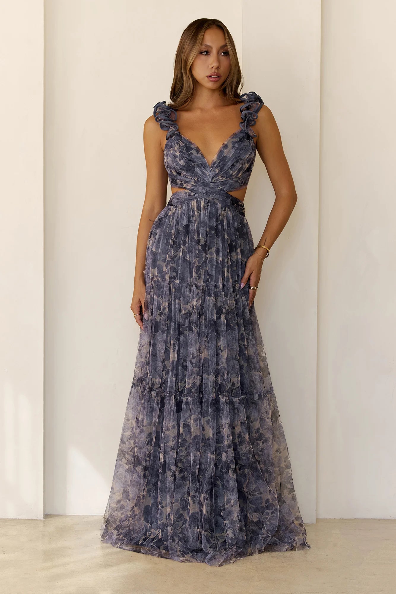 Ruffled Strap Floral Print Cutout Tulle Maxi Evening Dress