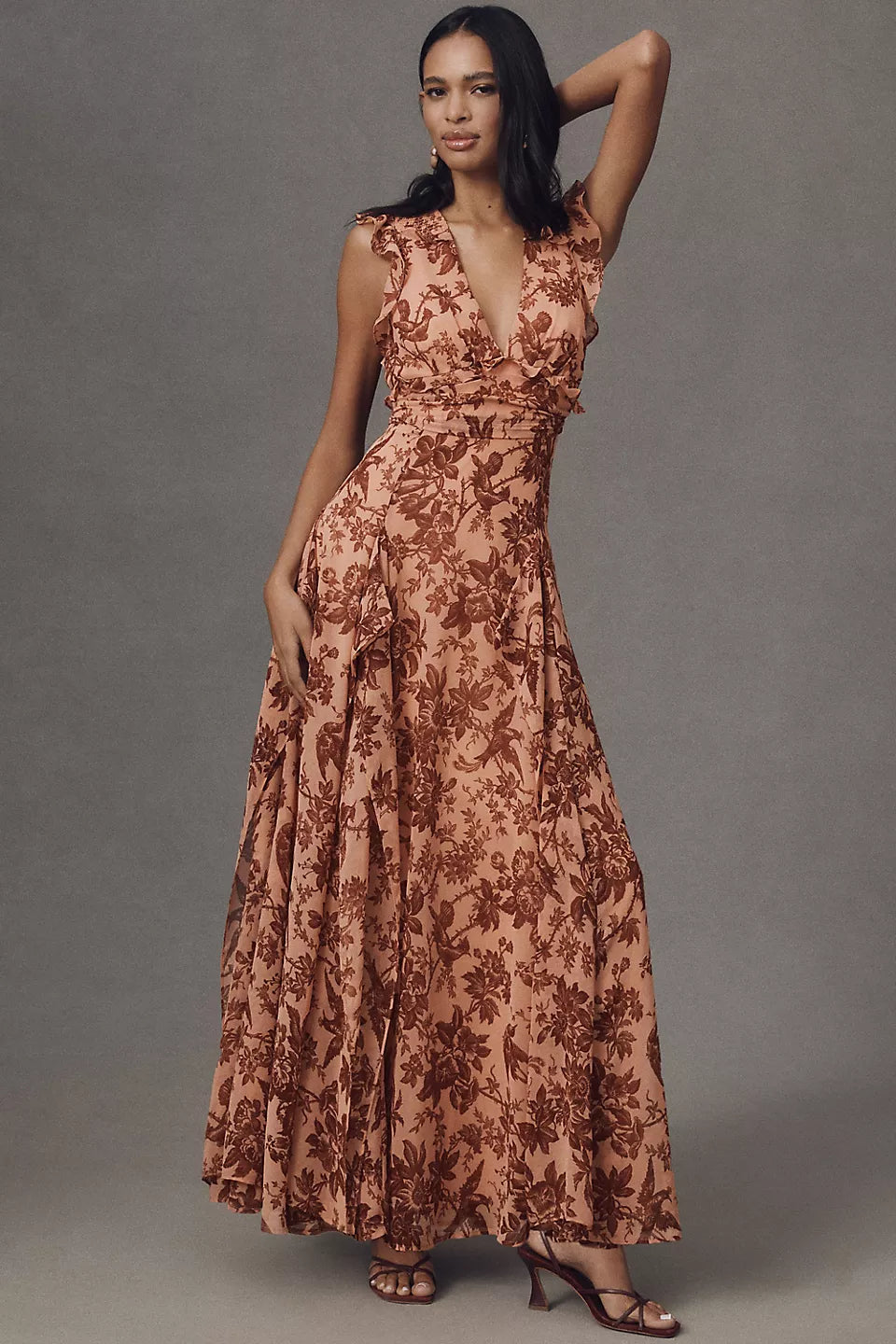 Ruffled V-neck Floral Bird Print Maxi Evening Dress