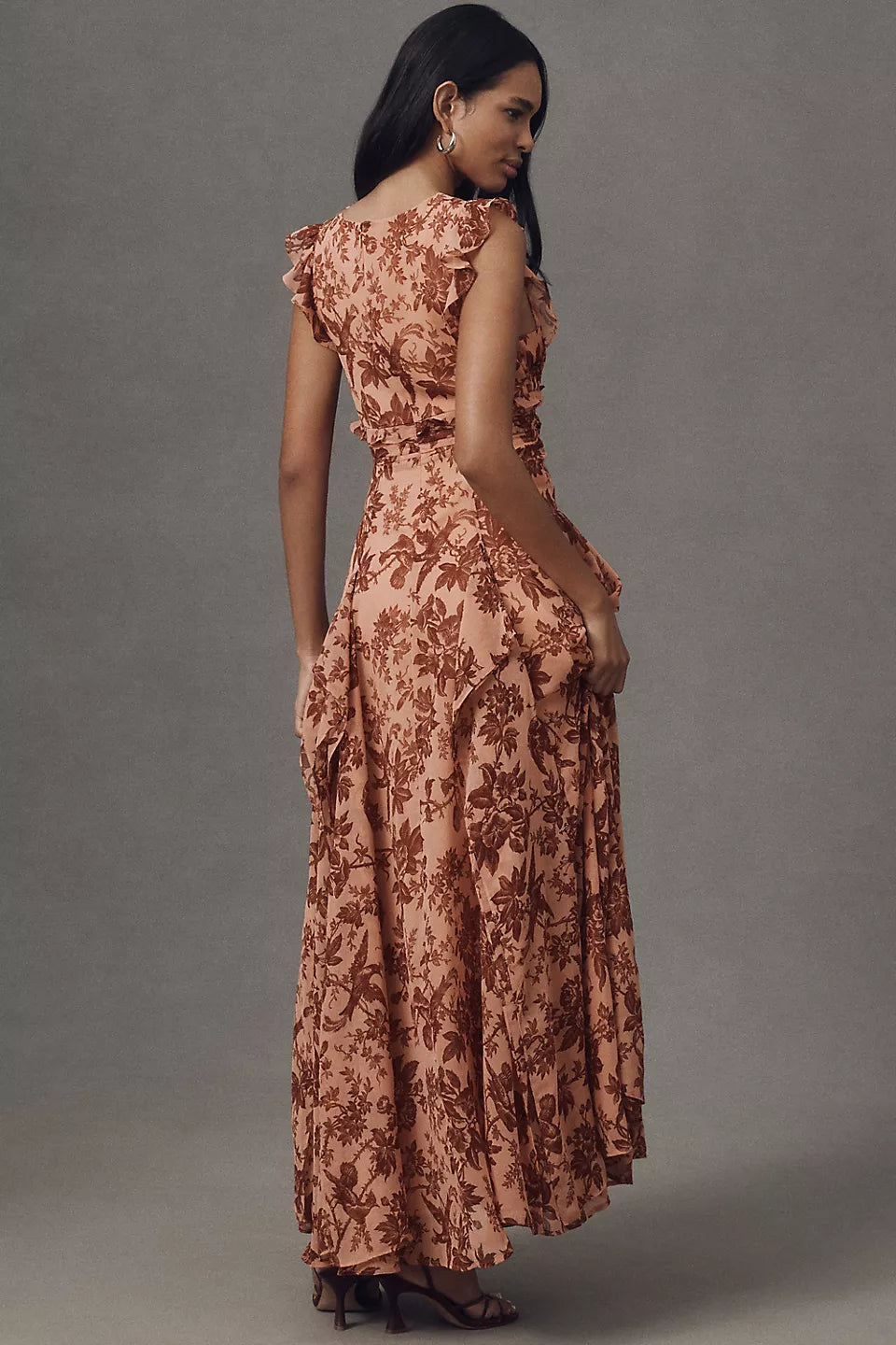 Ruffled V-neck Floral Bird Print Maxi Evening Dress