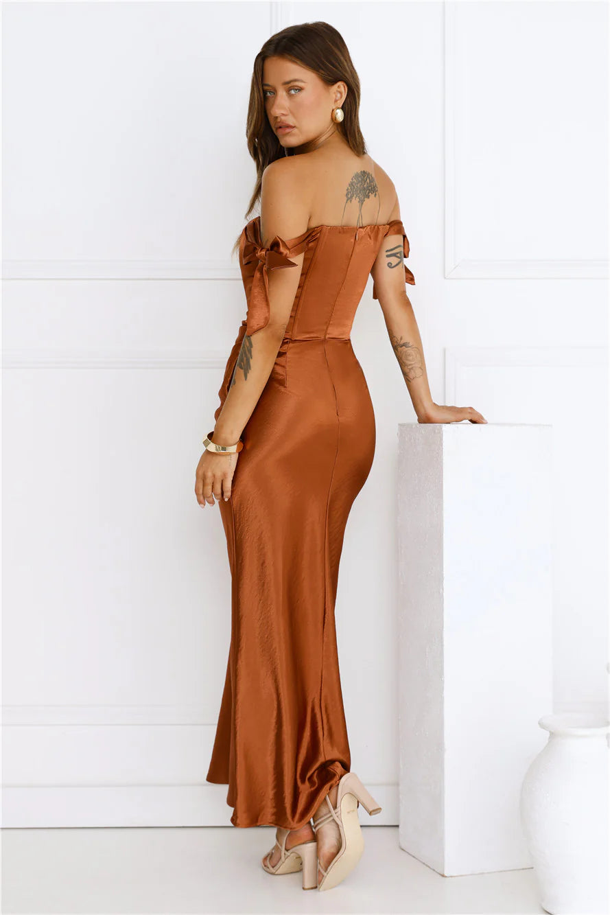 Rust Off-the-Shoulder Tie Strap Satin Maxi Evening Dresses