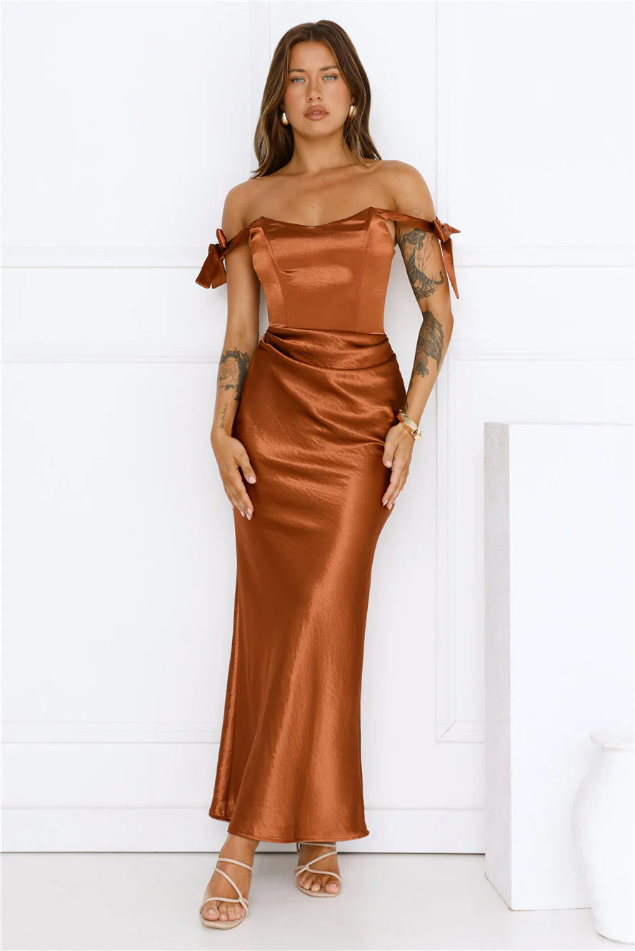 Rust Off-the-Shoulder Tie Strap Satin Maxi Evening Dresses