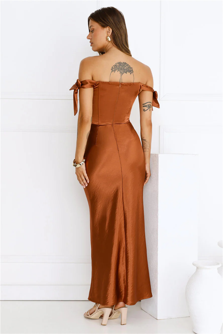 Rust Off-the-Shoulder Tie Strap Satin Maxi Evening Dresses