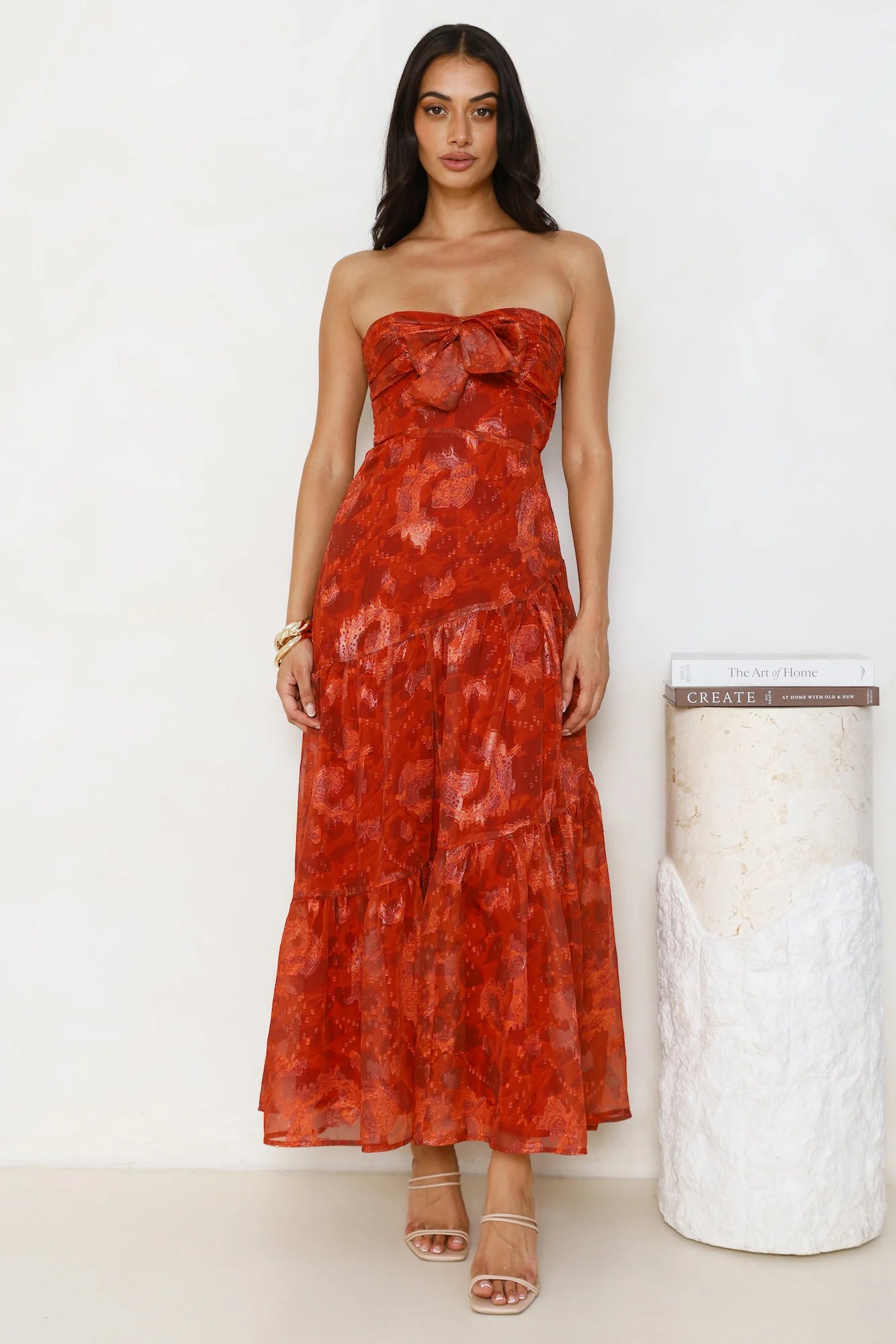 Rust Red Floral Print Strapless Bow Front Tiered Maxi Dresses
