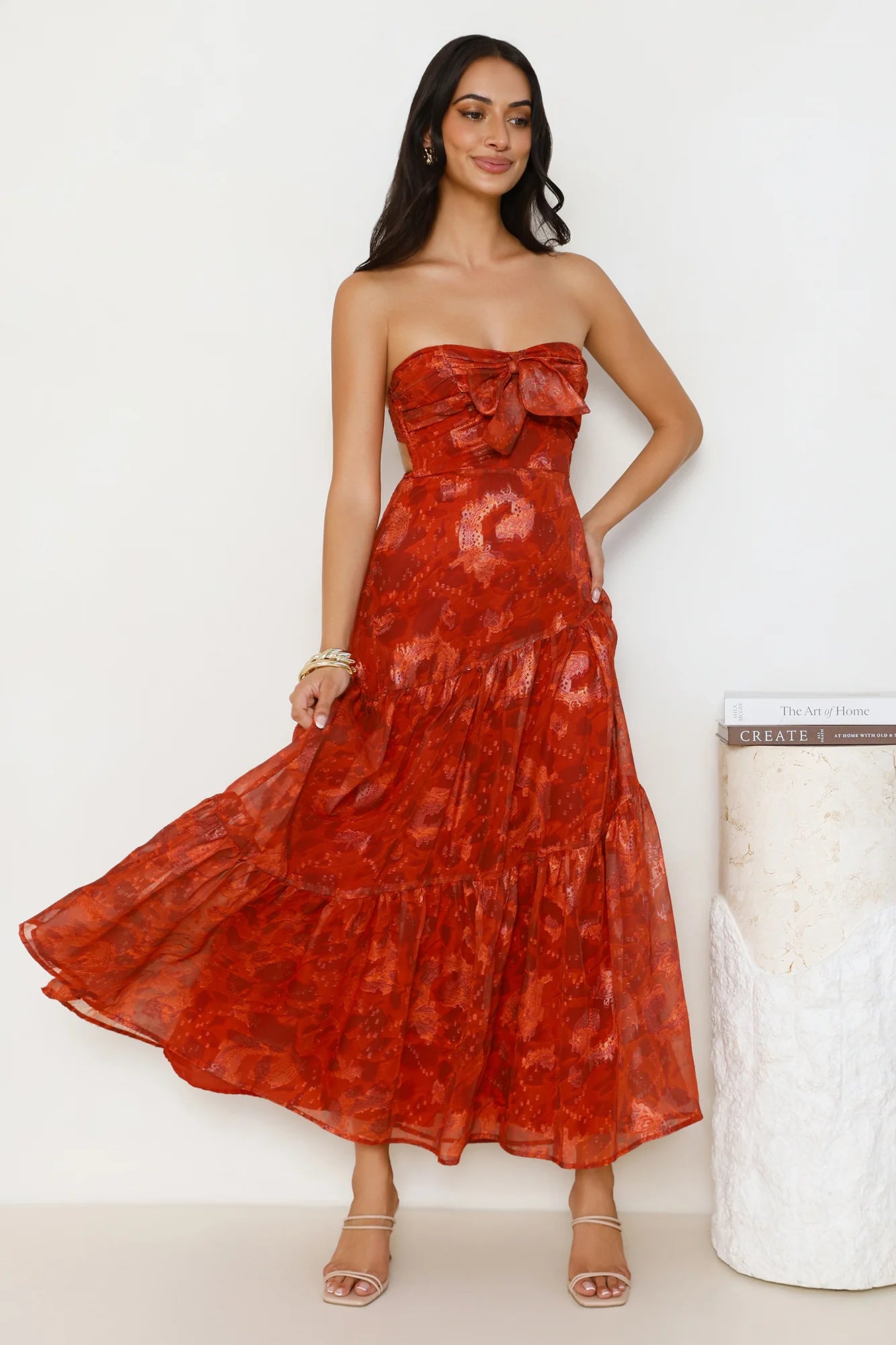 Rust Red Floral Print Strapless Bow Front Tiered Maxi Dresses