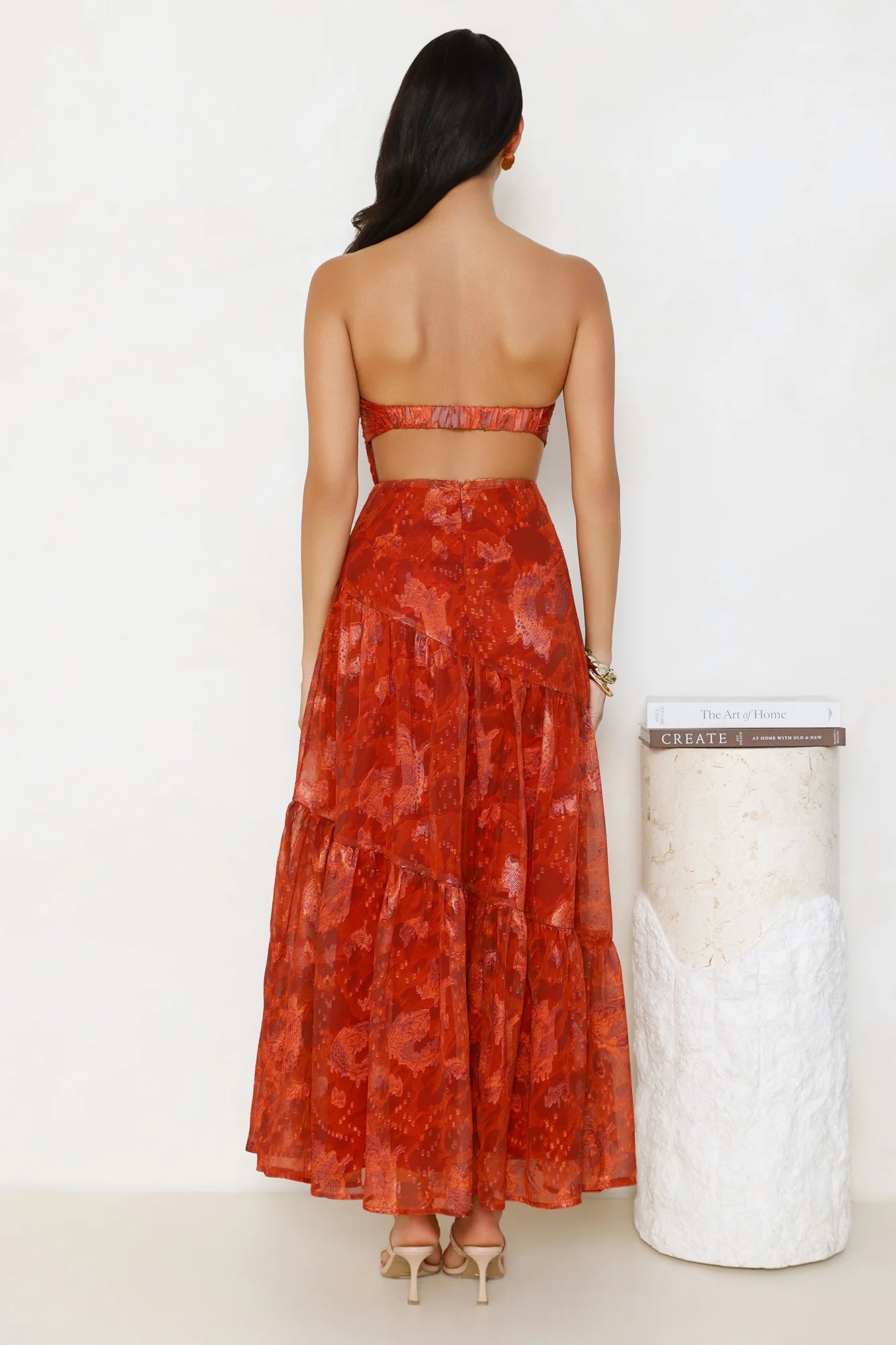 Rust Red Floral Print Strapless Bow Front Tiered Maxi Dresses