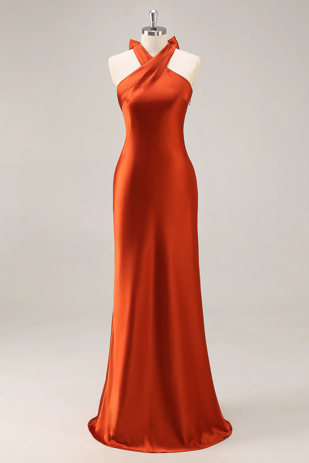 Rust Sheath Halter Satin Long Bridesmaid Dress with Lace Up Back