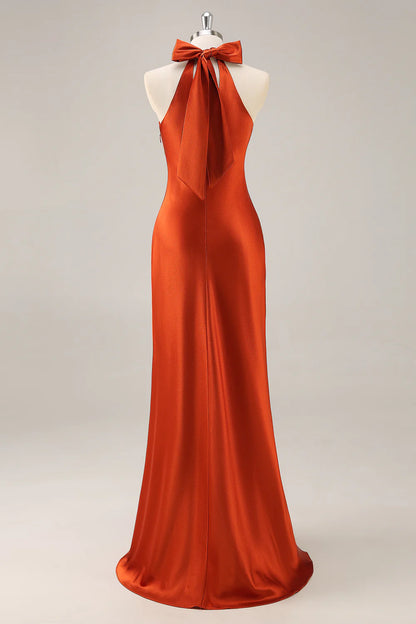 Rust Sheath Halter Satin Long Bridesmaid Dress with Lace Up Back