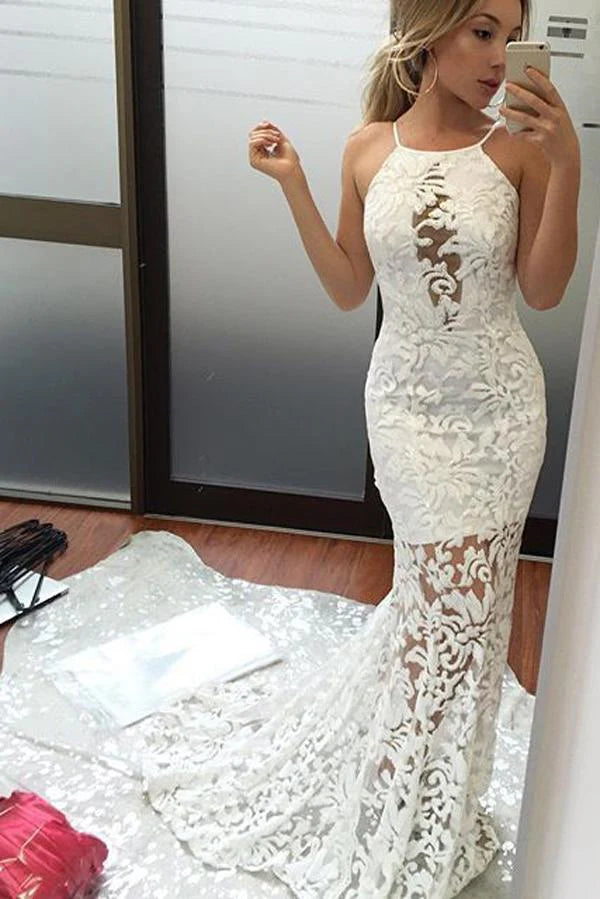 Unique lace mermaid sleeveless applique lace wedding dress