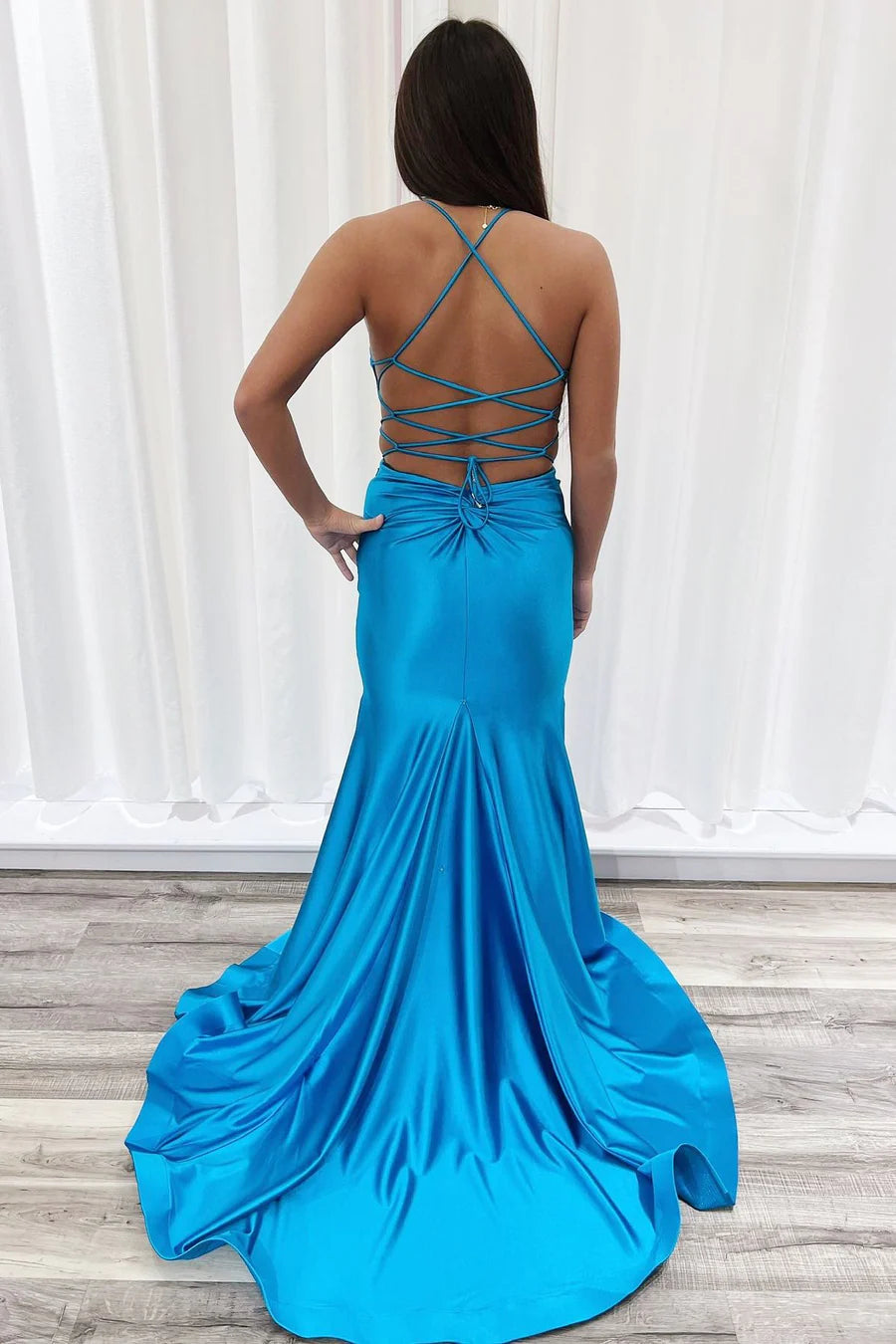 V-neck lace up long formal dress with backless design