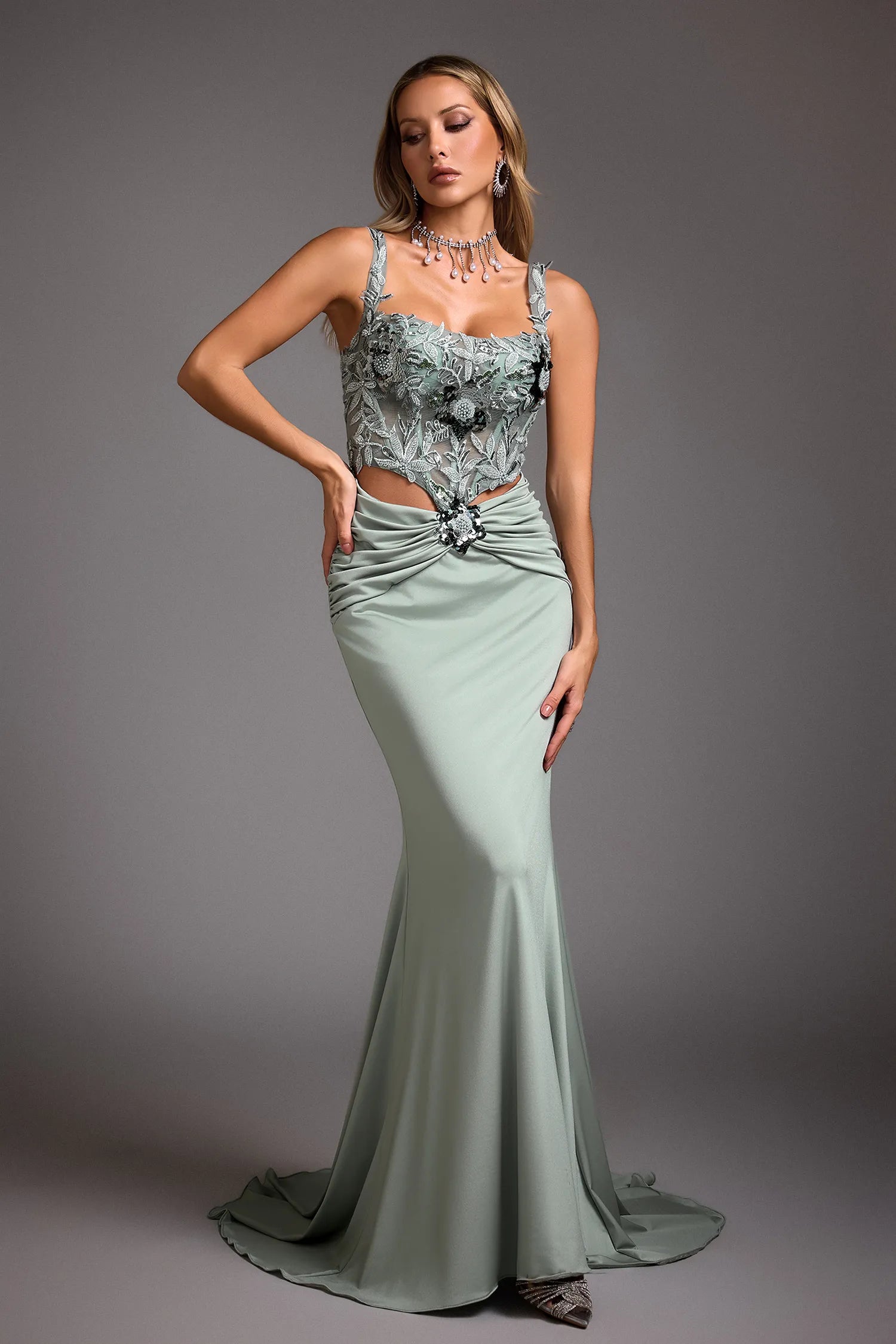 Sage Green 3D Floral Applique Cutout Waist Mermaid Maxi Evening Dresses