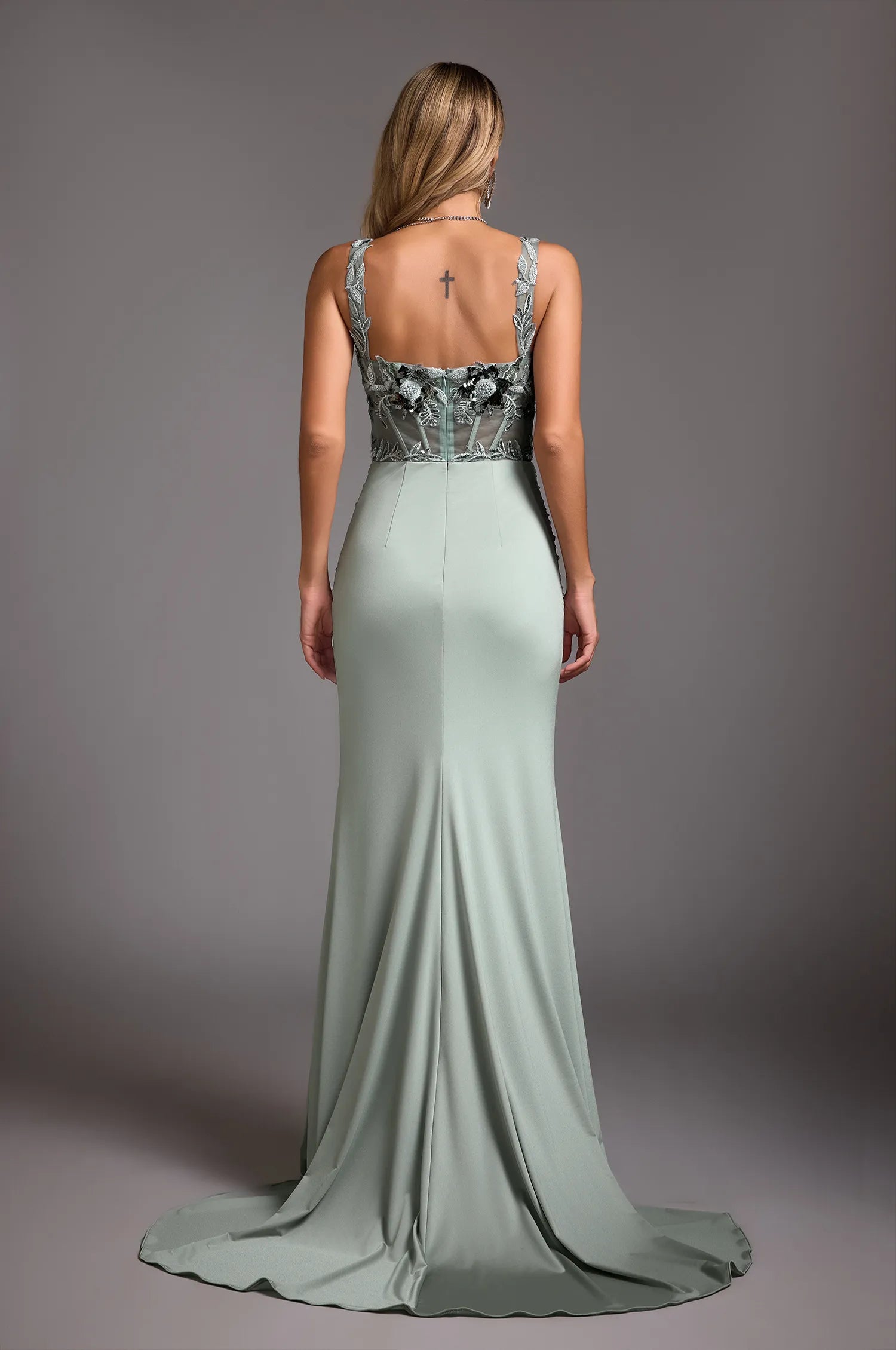 Sage Green 3D Floral Applique Cutout Waist Mermaid Maxi Evening Dresses