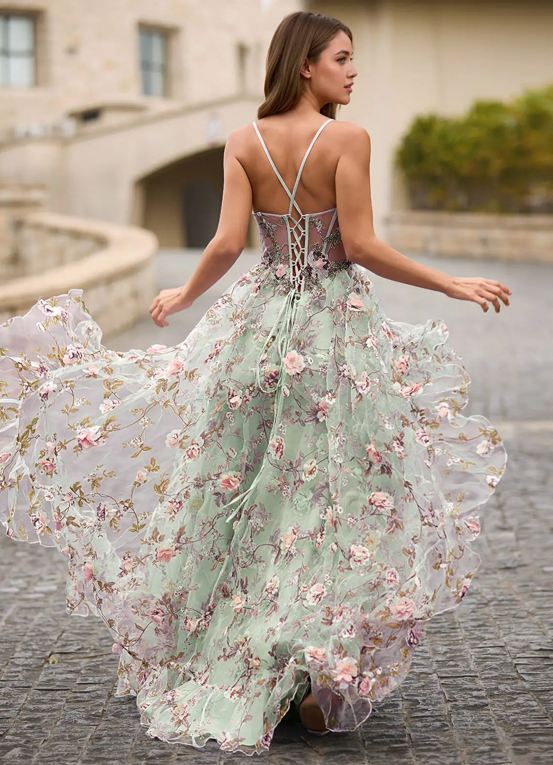 Sage Green 3D Floral Applique Lace-Up Corset A-Line Evening Dresses