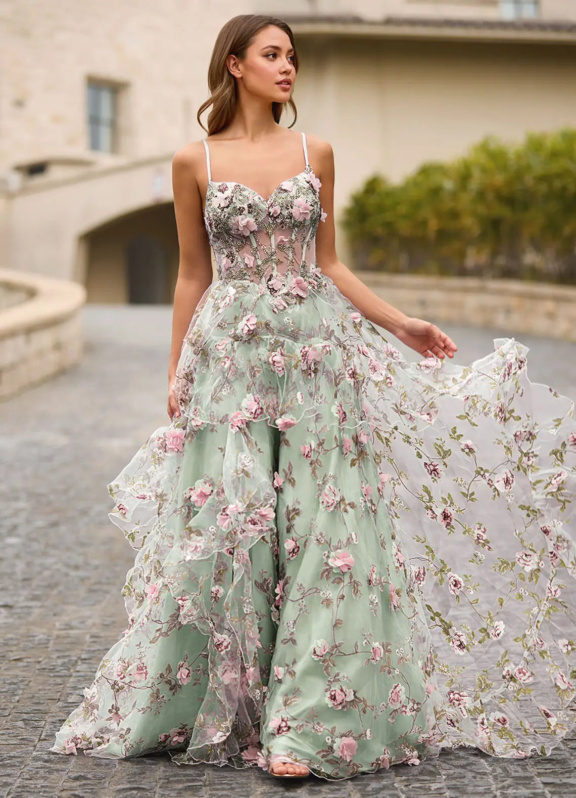 Sage Green 3D Floral Applique Lace-Up Corset A-Line Evening Dresses